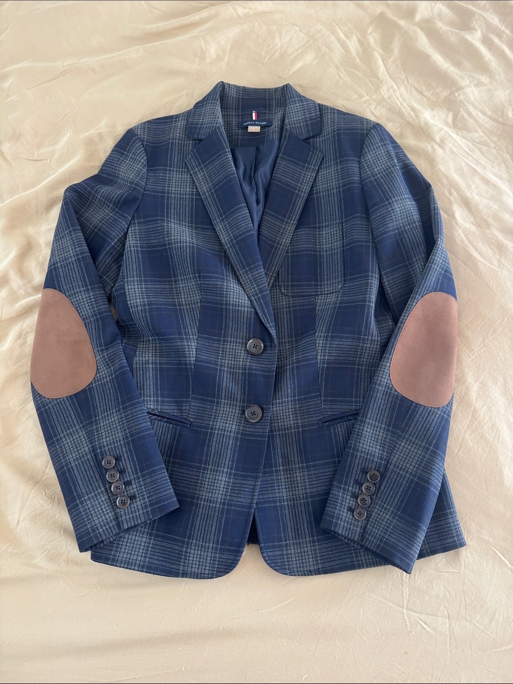 Tommy Hilfiger Navy Plaid Sport Coat with Brown Elbow Patches